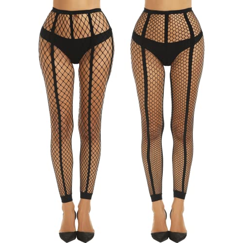 MANZI 2 Paar Netzstrumpfhosen Damen ohne Fuß Schwarz Netz Leggings Sexy Streifen Strumpfhose,M-mesh+L-mesh von MANZI