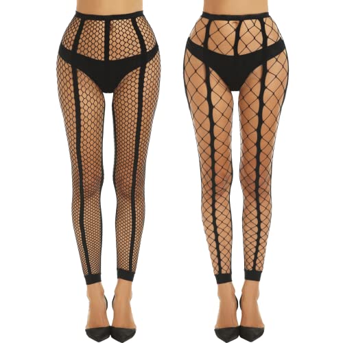 MANZI 2 Paar Netzstrumpfhosen Damen ohne Fuß Schwarz Netz Leggings Sexy Streifen Strumpfhose,M-mesh+XL-mesh von MANZI