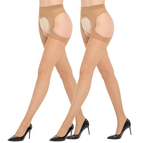 MANZI 2 Paar Strapsstrumpfhose für Damen 30 Den Offener Schritt Strumpfhose Matt Transparente Nylon Strapsstrümpfe Natur M-L von MANZI