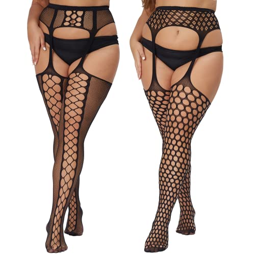 MANZI 2 Paar Strapstrümpfe für Damen Große Größen Sexy Muster Strumpfhosen Elastisch Schwarz Halterlose Netzstrümpfe,Grid&Holes von MANZI