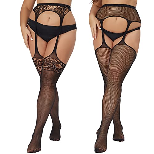 MANZI 2 Paar Strapstrümpfe für Damen Große Größen Sexy Muster Strumpfhosen Elastisch Schwarz Halterlose Netzstrümpfe,Mesh&Irregular von MANZI