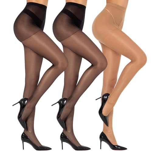MANZI 3 Paar Damen Strumpfhosen Mit Hoher Taille Bauchstraffende Ultradünne Legging Zehenverstärkte Body Shaping Strumpfhosen 2 Paar Schwarz 1 Paar Nackt XL von MANZI