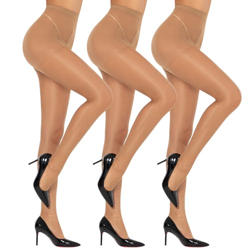 MANZI 3 Paar Damen Strumpfhosen Mit Hoher Taille Bauchstraffende Ultradünne Legging Zehenverstärkte Body Shaping Strumpfhosen Nackt L von MANZI