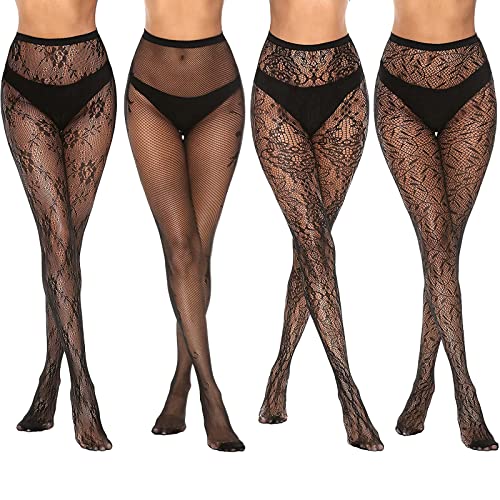 MANZI 4 Paar Net Strumpfhosen Damen Muster Sexy Netzstrumpfhosen Hohe Taille Netzstrümpfe Elastisch Schwarz Feinstrumpfhosen,Schwarz-4 von MANZI