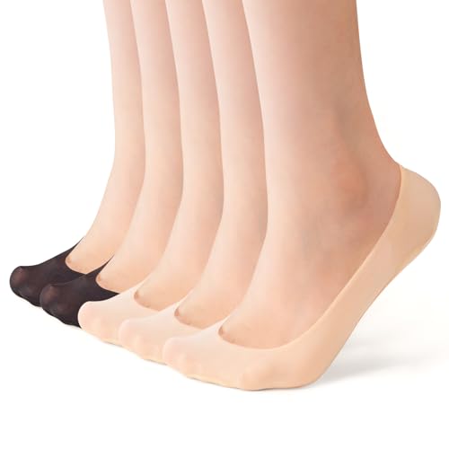 MANZI 5 Paar Füßlinge Damen Unsichtbar Nylon Söckchen Atmungsaktiv Sneaker Socken mit Rutschfest Silikon 2 Paar Schwarz 3 Paar Hautfarben 34-37 von MANZI