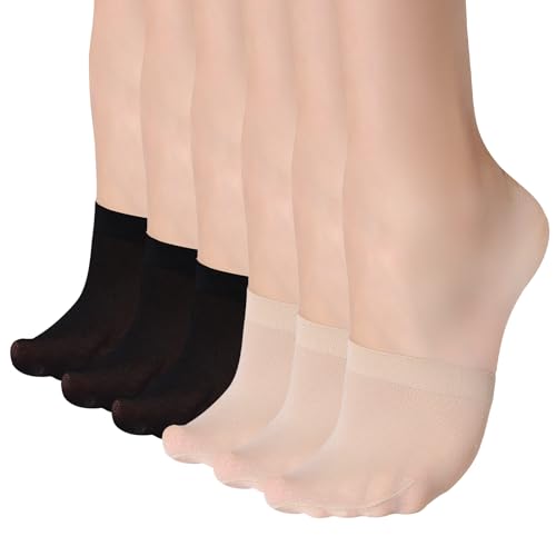 MANZI 6 Paar Zehensocken Damen Halbesocken Atmungsaktive Nylon Füßlinge Unsichtbare Söckchen mit Rutschfestes Silikonpunkte Vorfußsocken für High Heel,3 Schwarz,3 Hautfarben von MANZI