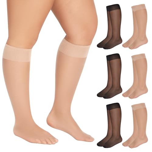 MANZI 6 Paare Kniestrümpfe für Damen Große Größen Transparent Nylonstrümpfe 15 Denier Feinkniestrümpfe Knee High Pop Socks 3 Paar Schwarz 3 Paar Natural Nude XL-2XL von MANZI