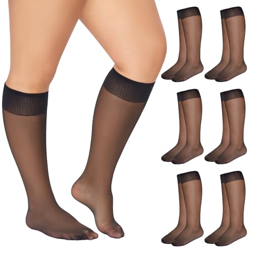 MANZI 6 Paare Kniestrümpfe für Damen Große Größen Transparent Nylonstrümpfe 15 Denier Feinkniestrümpfe Knee High Pop Socks Schwarz 3XL-4XL von MANZI