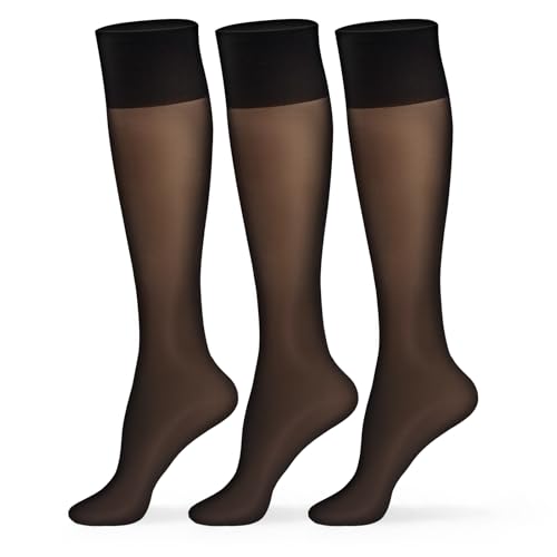 MANZI Damen 3 Paar Nylon Kniestrümpfe 15 Denier Transparente Kniehohe Pop-Socken Seidig Breiter Komfortbund Nylonstrümpfe Schwarz von MANZI