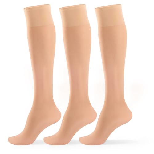MANZI Damen 3 Paar Nylon Kniestrümpfe 15 Denier Transparente Kniehohe Pop-Socken Seidig Breiter Komfortbund Nylonstrümpfe Natürlich von MANZI