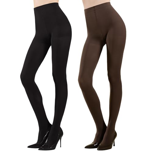 MANZI Damen Blickdichte Strumpfhose 2 Paar Control Top Strumpfhosen 70 DEN Microfaser Strumpfhosen Schwarz+Espresso M von MANZI