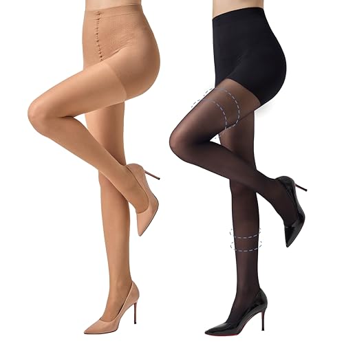 MANZI Damen Kompressionsstrümpfe 30 Denier Strumpfhose Kompressionshose Figurformende Stützstrumpfhose 1 Paar Schwarz/1 Paar Nackt XL von MANZI
