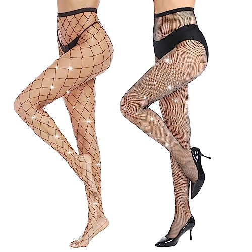 MANZI Damen Strass Netzstrumpfhose Glitzer Schwarz Fischernetz Strumpfhosen mit Hoher Taille Schwarz,kleines+großes Gitter von MANZI