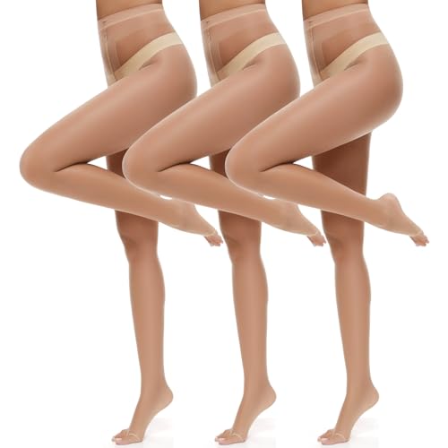 MANZI Damen Strumpfhose Toeless Ultra Transparent Weich Zehenfreie Feinstrumpfhose Seidenglanz 10 Denier Natur,3 Paar,S von MANZI