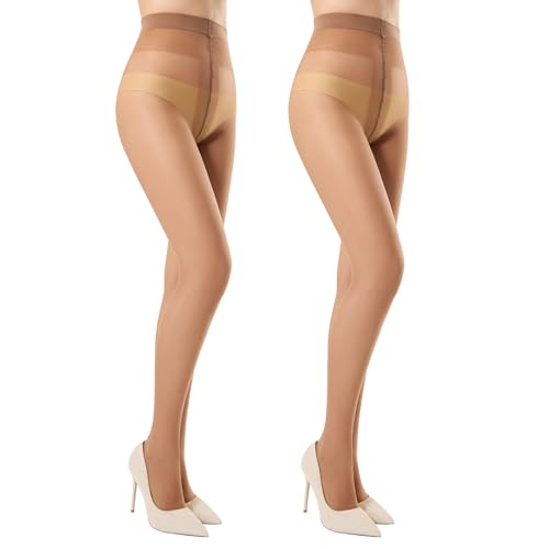 MANZI Feinstrumpfhose Damen 20 Den ultra Transparente Nylon Strumpfhose Seidig Glänzende Optik Hohe Taille Komfortbund 2 Paar Braun S-M von MANZI