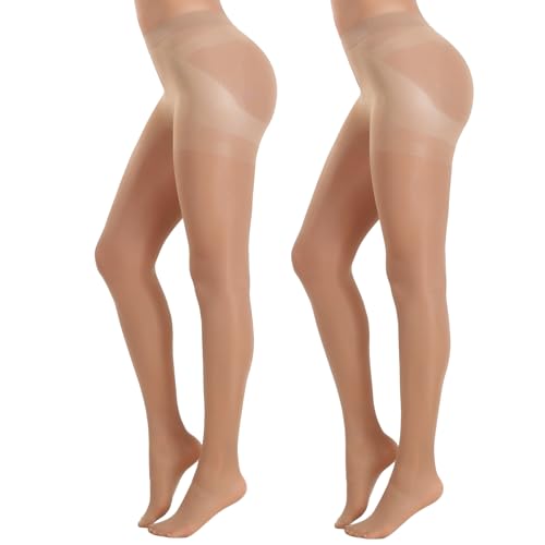 MANZI Figurformende Strumpfhose Damen Hoher Taille mit Bauchweg Effekt Feinstrumpfhose Reißfest 40 Den Natur 2 Paar M von MANZI