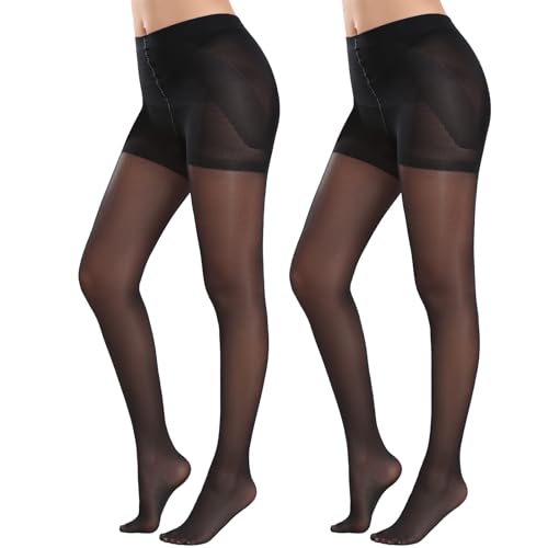 MANZI Strumpfhose Damen mit Bauchweg Effekt Shape Feinstrumpfhose Leicht Glänzend Reißfest 40 Den Schwarz 2 Paar L von MANZI