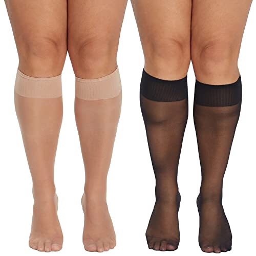 MANZI Große Größen Kniestrümpfe Damen Breite Sheer Pop Socken 20D 20D 3 Paar Schwarz,3 Paar Natual Nude 3XL-4XL von MANZI