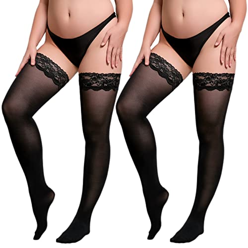 MANZI Halterlose Strümpfe 70 DEN Spitze Großen Größen 2er Pack Blickdicht Damen Schwarz Strumpfwaren Silikonoberteil,XL-XXL von MANZI
