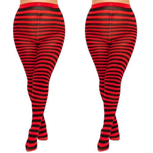 MANZI Horizontal Gestreift Strumpfhose Damen Plus Size Halloween Weihnachten Neuheit Semi-Blickdichte Strumpfhose 2 Paar Chwarz/Rot von MANZI