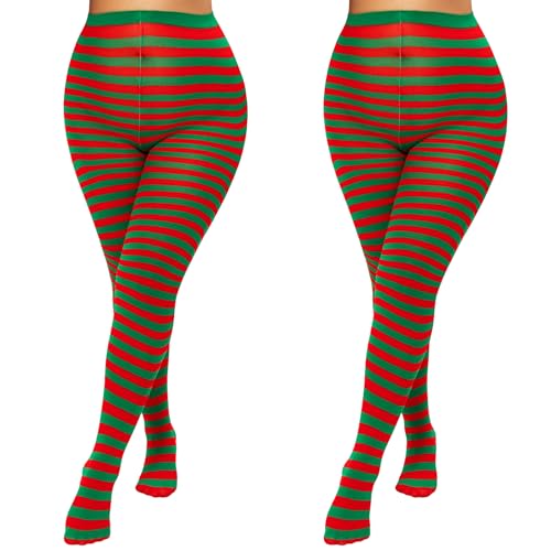 MANZI Horizontal Gestreift Strumpfhose Damen Plus Size Halloween Weihnachten Neuheit Semi-Blickdichte Strumpfhose 2 Paar Rot/Grün von MANZI