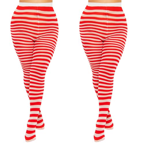 MANZI Horizontal Gestreift Strumpfhose Damen Plus Size Halloween Weihnachten Neuheit Semi-Blickdichte Strumpfhose 2 Paar Rot/Weiß von MANZI