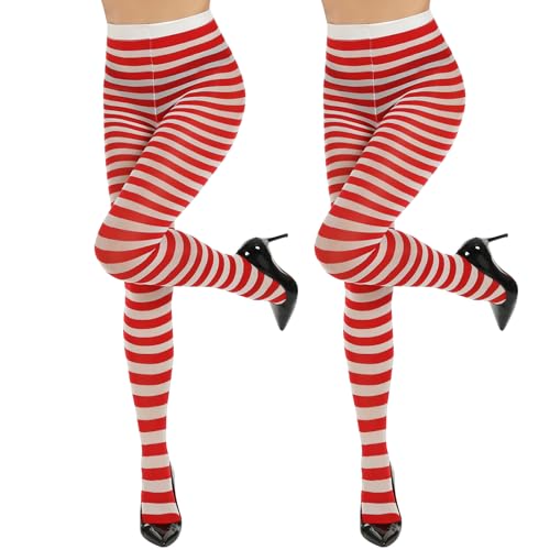 MANZI Horizontal Gestreift Strumpfhose für Damen Halloween Weihnachten Neuheit Semi-Blickdichte Strumpfhose 2 Paar (Rot + Weiß Gestreift Einheitsgröße) von MANZI