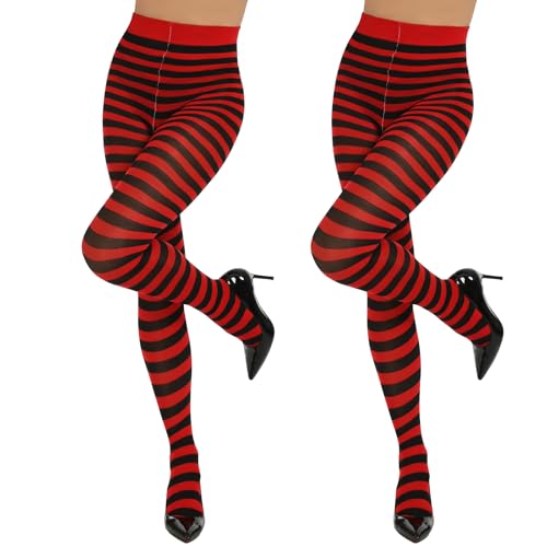 MANZI Horizontal Gestreift Strumpfhose für Damen Halloween Weihnachten Neuheit Semi-Blickdichte Strumpfhose 2 Paar (Schwarz + Rot Gestreift Einheitsgröße) von MANZI