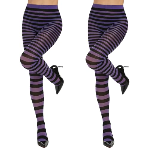 MANZI Horizontal Gestreift Strumpfhose für Damen Halloween Weihnachten Neuheit Semi-Blickdichte Strumpfhose 2 Paar (Schwarz + Violett Gestreift Einheitsgröße) von MANZI