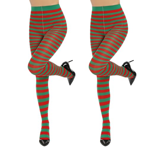 MANZI Horizontal Gestreift Strumpfhose für Damen Weihnachten Neuheit Semi-Blickdichte Strumpfhose 2 Paar (Rot + Grün Gestreift Einheitsgröße) von MANZI