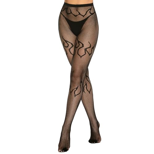 MANZI Netzstrumpfhose Schwarz Muster Netz Strumpfhosen Damen Hohe Taille Elastisch Netzstrümpfe 1 Paar Flamme Muster von MANZI