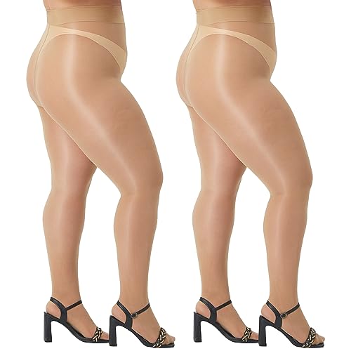 MANZI Ölig Glanzstrumpfhosen Damen Große Größen Sexy Seidenglatt Strumpfhose Reißfest 15 Den,XL-2XL,2 Paar Natur von MANZI