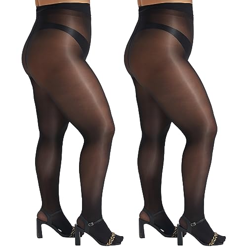 MANZI Ölig Glanzstrumpfhosen Damen Große Größen Sexy Seidenglatt Strumpfhose Reißfest 15 Den,XL-2XL,2 Paar Schwarz von MANZI