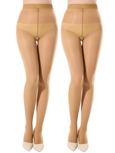 MANZI Ölig Glanzstrumpfhosen Offener Schritt Damen Glänzend Strumpfhose Reißfest Seidenglatt Feinstrumpfhose 20 Den Natur 2 Paar S-M von MANZI