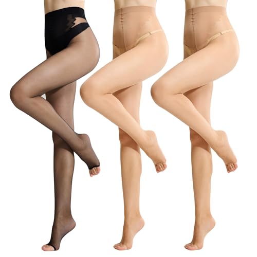 MANZI Ohne Zehen Strumpfhose für Damen Toeless Strumpfhosen 10 Denier Ultra Transparent Zehenfreie Feinstrumpfhose 3 Paar XL Hautfarbe/Schwarz von MANZI