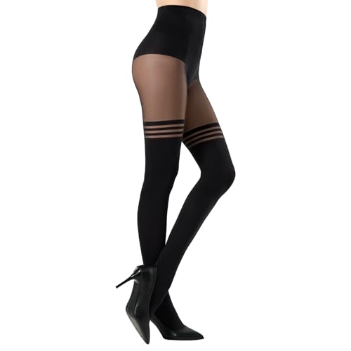 MANZI Overknee Strumpfhosen Damen Schwarz Blickdichte mit Overknee Optik Overknees Strümpfe Gestreift Gemustert Strumpfhosen 1 Paar von MANZI
