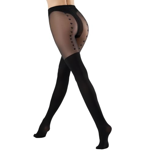 MANZI Overknee Strumpfhosen Damen Schwarz Blickdichte mit Overknee Optik Overknees Strümpfe Herzmuster Strumpfhosen 1 Paar von MANZI