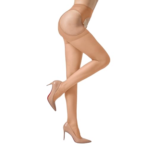 MANZI Strapsstrumpfhose für Damen 30 Denier Offener Schritt Strumpfhose Transparent Strumpfhosen 1Paar (Nackt M-L) von MANZI
