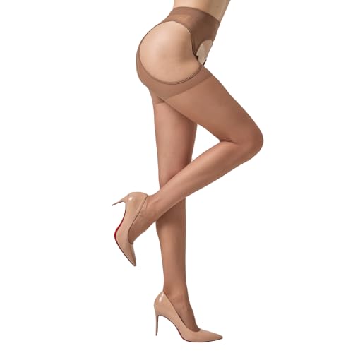 MANZI Strapsstrumpfhose für Damen 30 Denier Offener Schritt Strumpfhose Transparent Strumpfhosen 1Paar (Braun XL-XXL) von MANZI