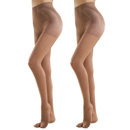 MANZI Strumpfhose Damen mit Bauchweg Effekt Shape Feinstrumpfhose Leicht Glänzend Reißfest 40 Den 2 Paar Braun XL von MANZI