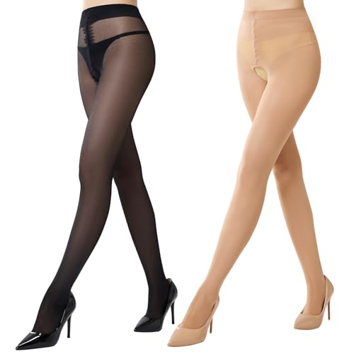 MANZI Strumpfhose Offen Schritt Nylon Strumpfhosen für Damen Matt Feinstrumpfhose Damen 40 Denier 1 Paar Schwarz 1 Paar Natur L-XL von MANZI