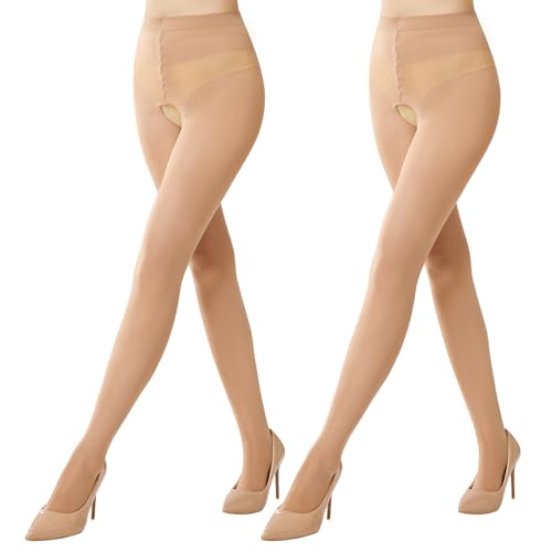 MANZI Strumpfhose Offen Schritt Nylon Strumpfhosen für Damen Matt Feinstrumpfhose Damen 40 Denier 2 Paar Natur L-XL von MANZI
