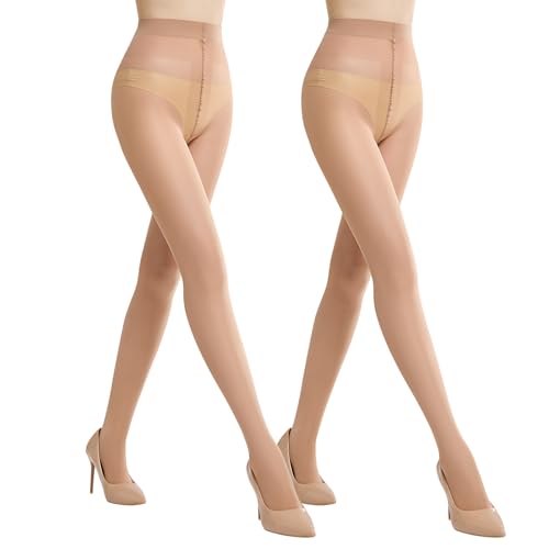 MANZI Strumpfhosen Halbtransparent Hohe Taille T-Schritt-Strumpfhose 40D Reißfeste Strumpfhose für Damen 2 Paar Nackt L-XL von MANZI