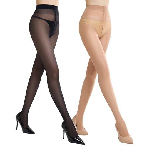 MANZI Strumpfhosen Halbtransparent Hohe Taille T-Schritt-Strumpfhose 40D Reißfeste Strumpfhose für Damen 2 Paar Schwarz/Nackt L-XL von MANZI