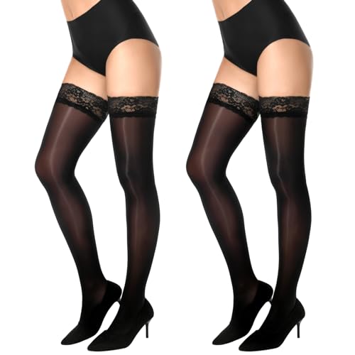 MANZI Halterlose Strümpfe für Damen Sexy Ölig Glänzend Nylon Strümpfe Seidenglatt Feinstrümpfe Schwarz 15 Den 2 Paar,L-XL von MANZI