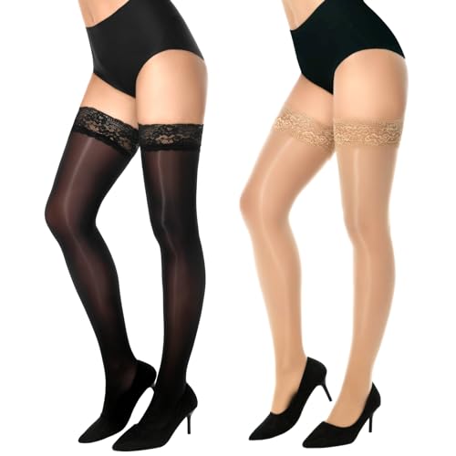 MANZI Halterlose Strümpfe für Damen Sexy Ölig Glänzend Nylon Strümpfe Seidenglatt Feinstrümpfe Schwarz Natur 15 Den 2 Paar,L-XL von MANZI