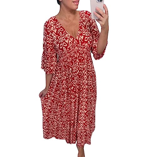 Bohemian Casual Print V-Ausschnitt Elastische Taille Wrap Langes Kleid, Elegante Print Maxi Kleid Für Frauen Sommer Loose Rüschen Ärmel Strandkleider (Red,2XL) von MAOAEAD