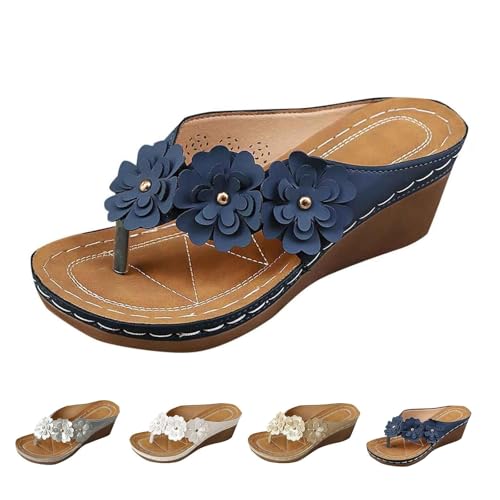 Damen-Flip-Flops mit Blumenmuster, orthopädische Blumen-Dekor, Plateau-Sandalen, Fußgewölbeunterstützung, Sommer, Strand, Slides, blau, 44 EU Damen-Flip-Flops mit Blumenmuster, orthopädische Blumen-Dekor, Plateau-Sandalen, Fußgewölbeunterstützung, Sommer, Strand, Slides, blau, 44 EU von MAOAEAD