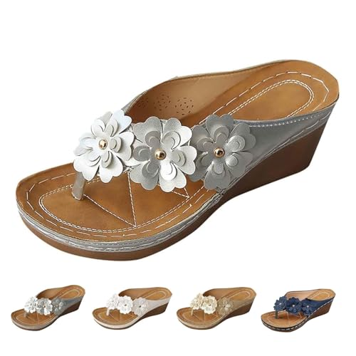 Damen-Flip-Flops mit Blumenmuster, orthopädische Blumen-Dekor, Plateau-Sandalen, Fußgewölbeunterstützung, Sommer, Strand, Slides, silber, 44 EU Damen-Flip-Flops mit Blumenmuster, orthopädische Blumen-Dekor, Plateau-Sandalen, Fußgewölbeunterstützung, Sommer, Strand, Slides, silber, 44 EU von MAOAEAD