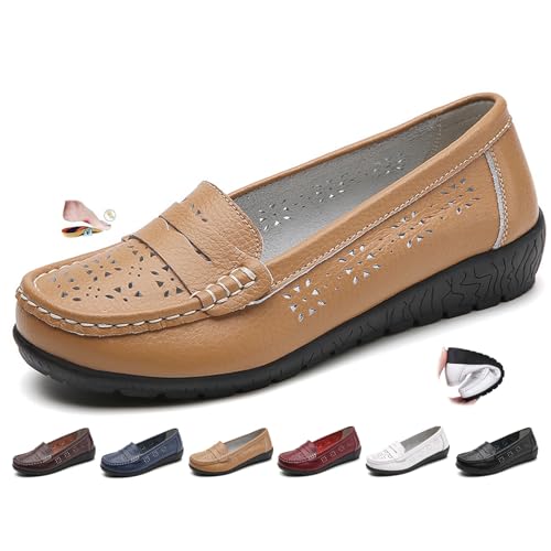 Damen Leder Atmungsaktive Mokassins Schuhe Bequeme Walking Flat Loafer Damen Klassische Leder Orthopädische Penny Loafer, Khaki, hohl, 41 EU Damen Leder Atmungsaktive Mokassins Schuhe Bequeme Walking Flat Loafer Damen Klassische Leder Orthopädische Penny Loafer, Khaki, hohl, 41 EU von MAOAEAD